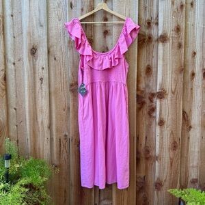 🌿 Hot Pink Off-The-Shoulder Ruffle Linen Midi Dress 🌿🌿